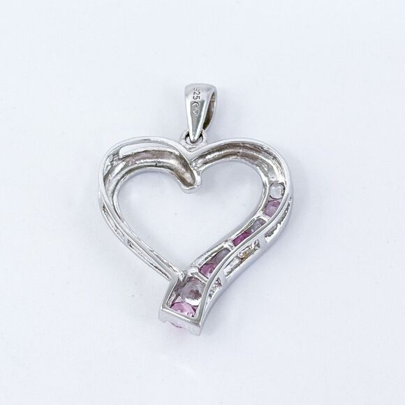 Vintage Sterling Silver 925 3cm Pink & Clear Cubic Zirconia Heart Pendant - Picture 4 of 6